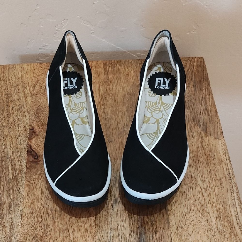Fly London Black and White Women's Wedges